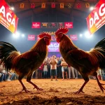 Exciting live chicken fight event at dagawin.live, with a vibrant crowd and action-packed atmosphere.