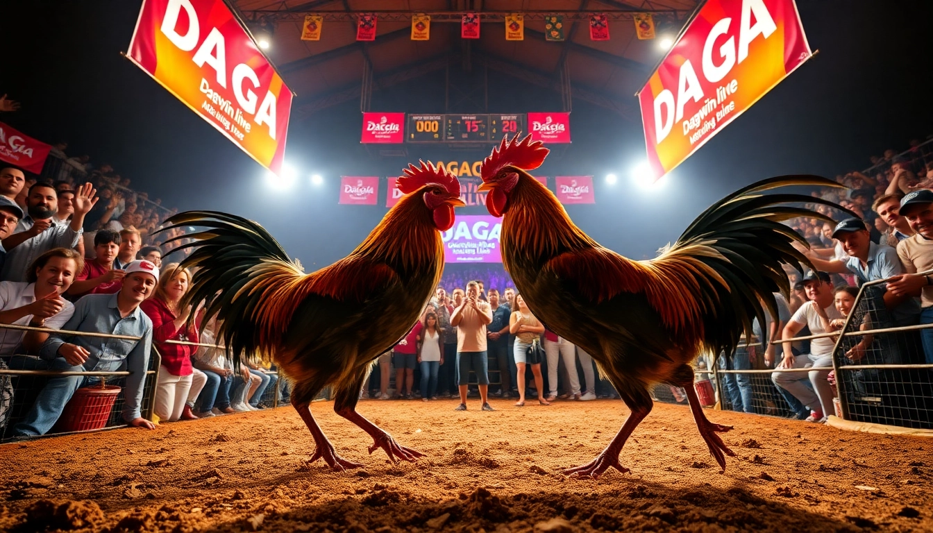Exciting live chicken fight event at dagawin.live, with a vibrant crowd and action-packed atmosphere.