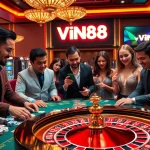 VIN88 gaming table showcasing intense players and vibrant casino elements.