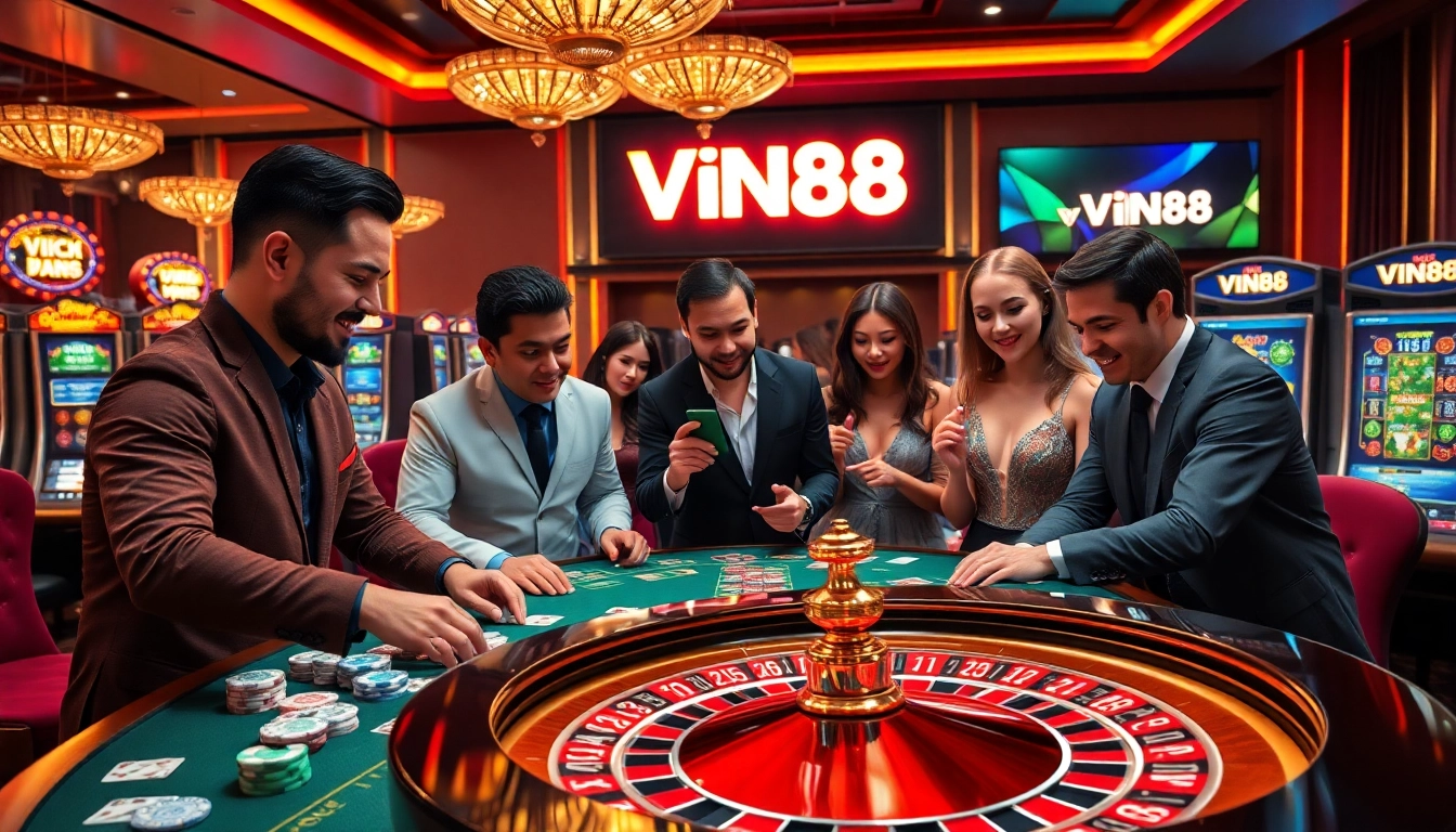 VIN88 gaming table showcasing intense players and vibrant casino elements.