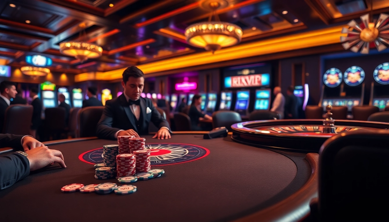 Experience high-stakes excitement at RIKVIP poker tables with colorful chips and vibrant casino ambiance.