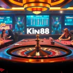 King88 players engaged in a thrilling casino game with vibrant chips and cards, showcasing luxury.