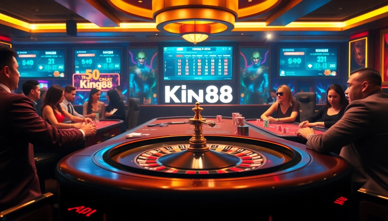 King88 players engaged in a thrilling casino game with vibrant chips and cards, showcasing luxury.