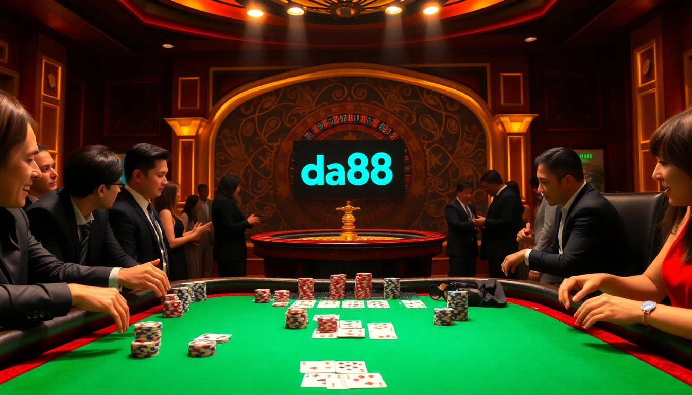 Players joyfully engage in blackjack at a casino table as excitement builds over da88 winnings.