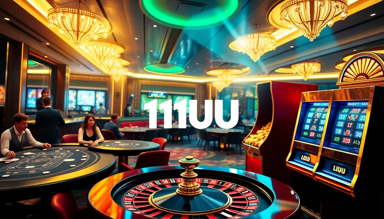 Excited players enjoying gaming at a vibrant casino with 11UU branding, showcasing thrilling gambling experiences.