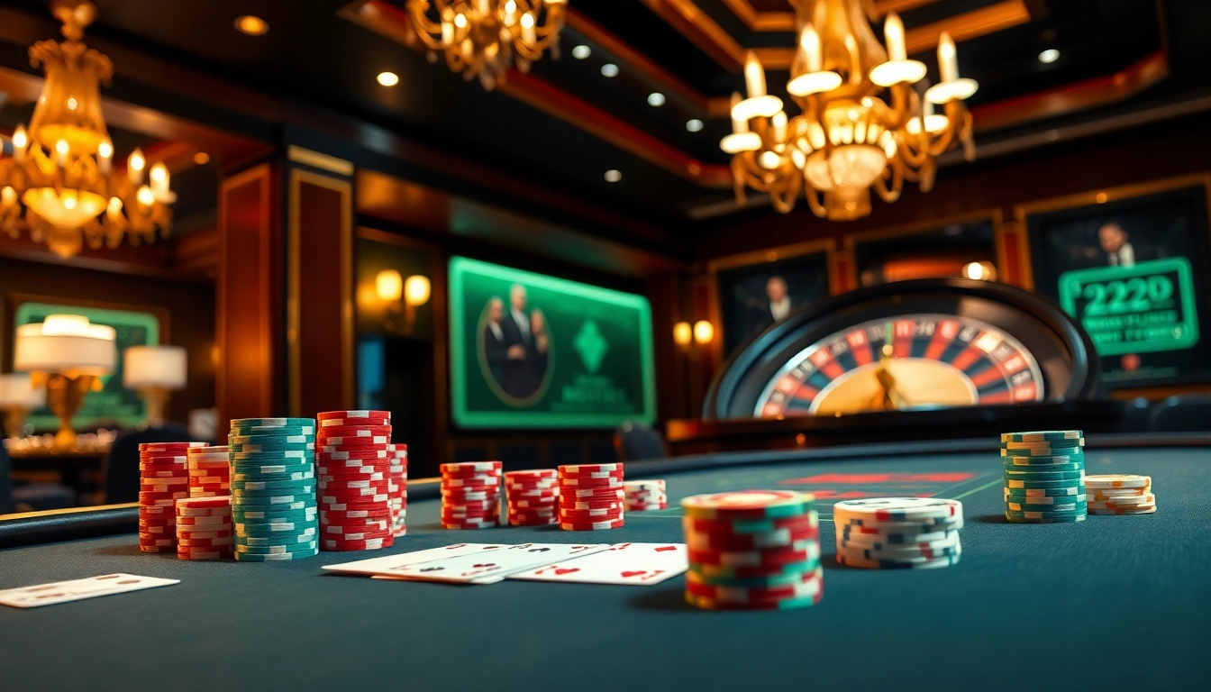 Experience the thrill of 222BD in this luxurious casino scene with poker and roulette.
