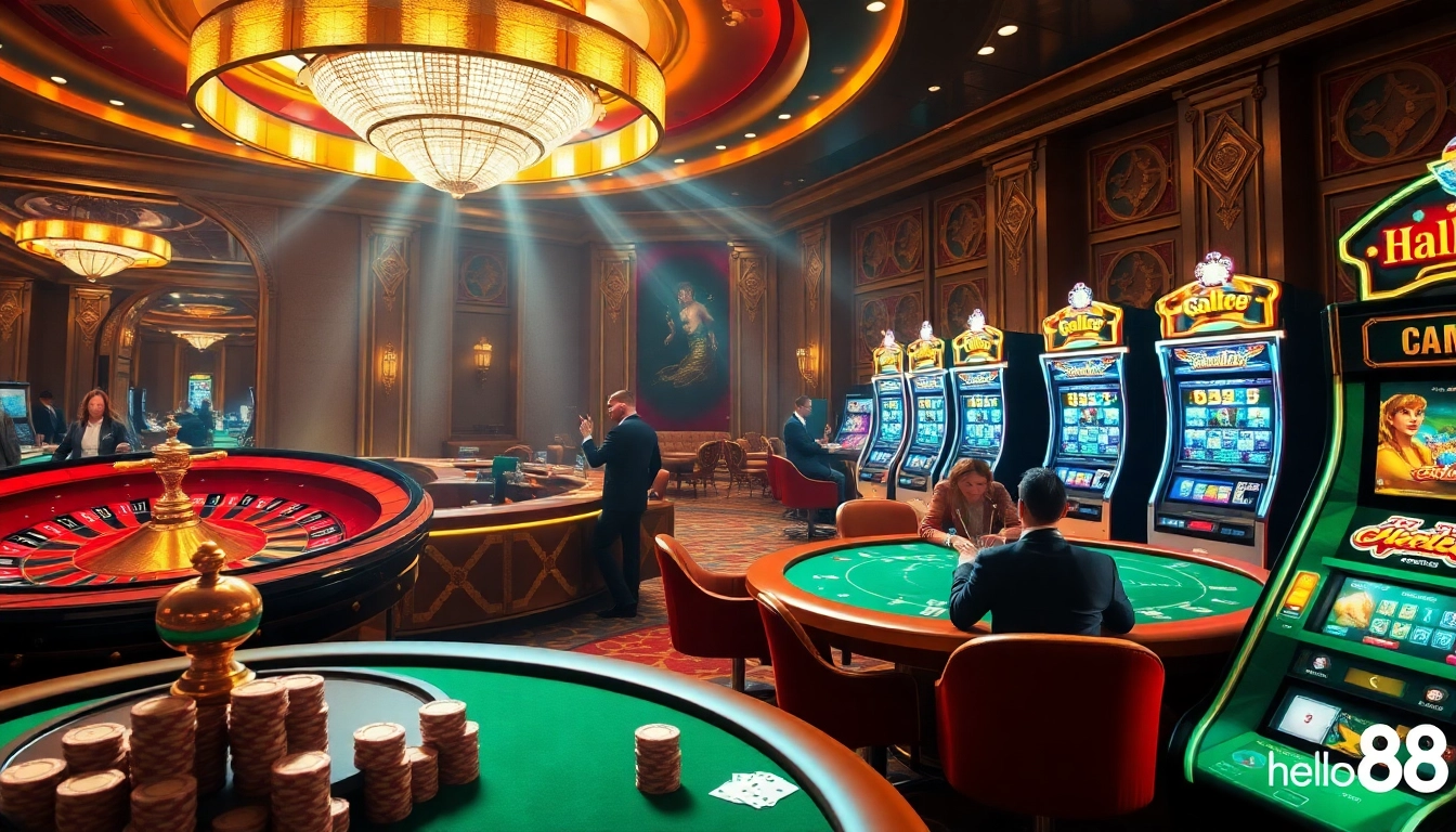 Experience the thrill of gambling at hello88 with a luxurious casino scene showcasing roulette and poker.