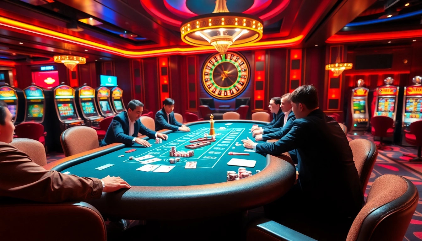 Experience thrilling action at fa88 casino with poker and roulette tables illuminated by vibrant lights.