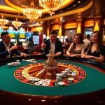 Excited players at the FLY88 casino roulette table, highlighting a thrilling gaming experience.