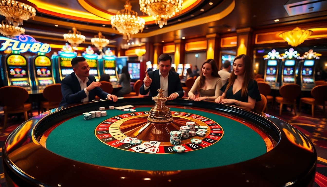 Excited players at the FLY88 casino roulette table, highlighting a thrilling gaming experience.