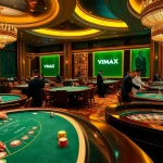 Players engaging in high-stakes poker at VMAX casino with professional dealers.
