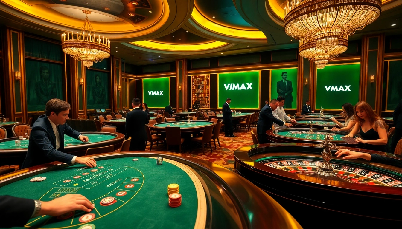 Players engaging in high-stakes poker at VMAX casino with professional dealers.