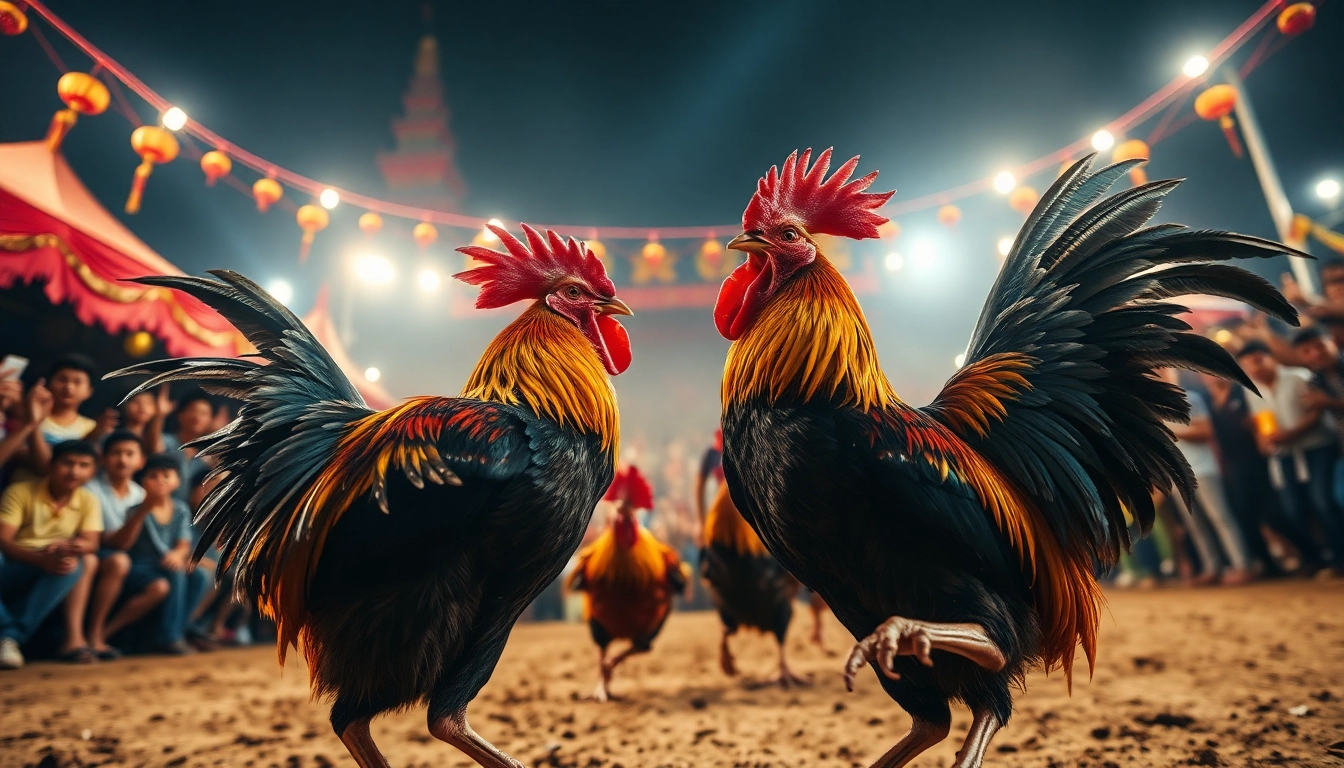 Interactive live cockfighting scene showcasing excitement at sv368win.live with vibrant colors and action.