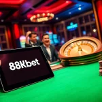 Players engaging in a thrilling casino experience at 8kbet, featuring poker chips and a roulette wheel.