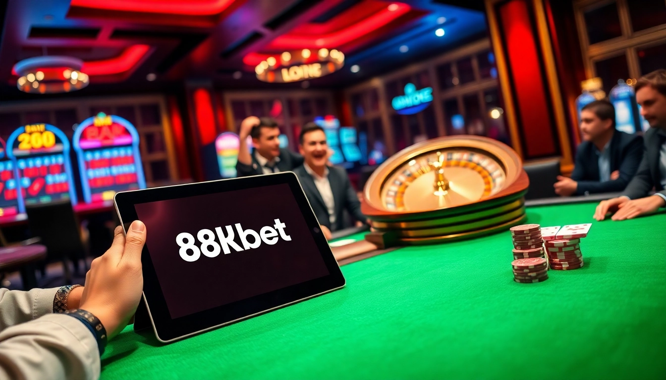 Players engaging in a thrilling casino experience at 8kbet, featuring poker chips and a roulette wheel.