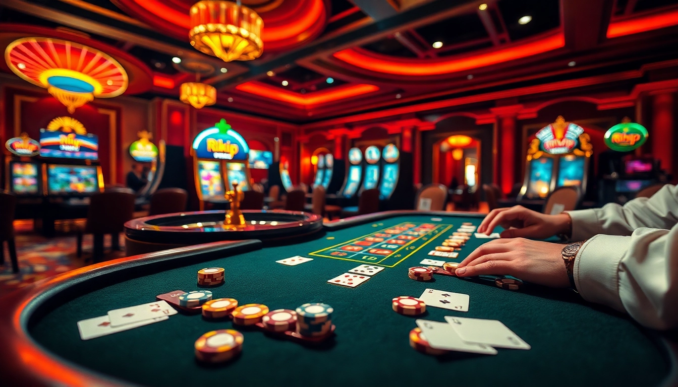 Players enjoying the thrilling experience at a Rikvip casino table with vibrant poker chips and cards.