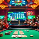Engaging players at a poker table with 69vn.br.com interface in a vibrant casino setting.