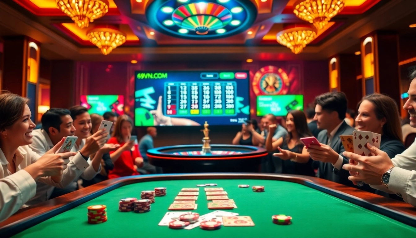 Engaging players at a poker table with 69vn.br.com interface in a vibrant casino setting.
