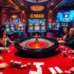 C168 casino scene featuring players at a roulette table, vibrant slot machines, and poker chips.