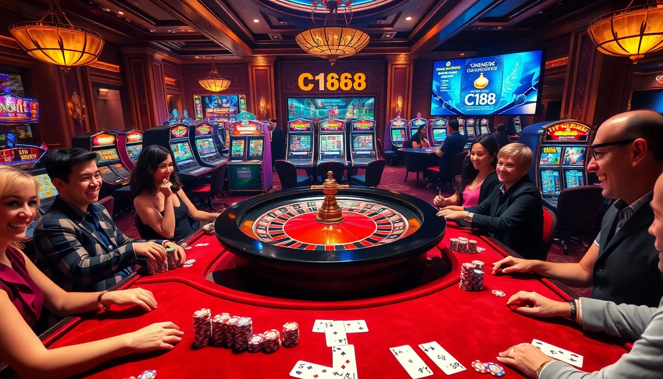 C168 casino scene featuring players at a roulette table, vibrant slot machines, and poker chips.