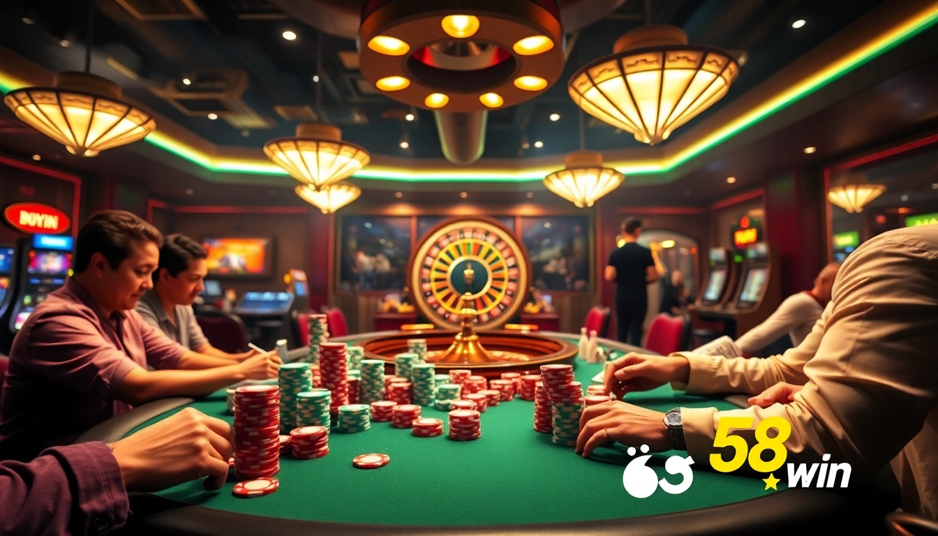 A high-stakes poker table with players engaged at 58win, showcasing excitement and luxury.