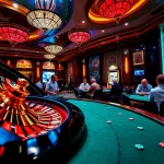 Experience thrilling gameplay at HM88 with vibrant casino tables and a spinning roulette wheel.