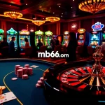 Experience the thrill of gambling at mb66.com with a vibrant casino scene featuring roulette and poker tables.