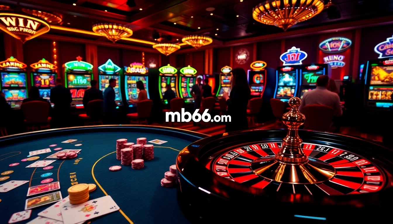 Experience the thrill of gambling at mb66.com with a vibrant casino scene featuring roulette and poker tables.