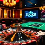 Cảnh sòng bạc đầy sống động với logo LUCK8, bánh xe roulette, chip cược và bài được chiếu sáng rực rỡ.