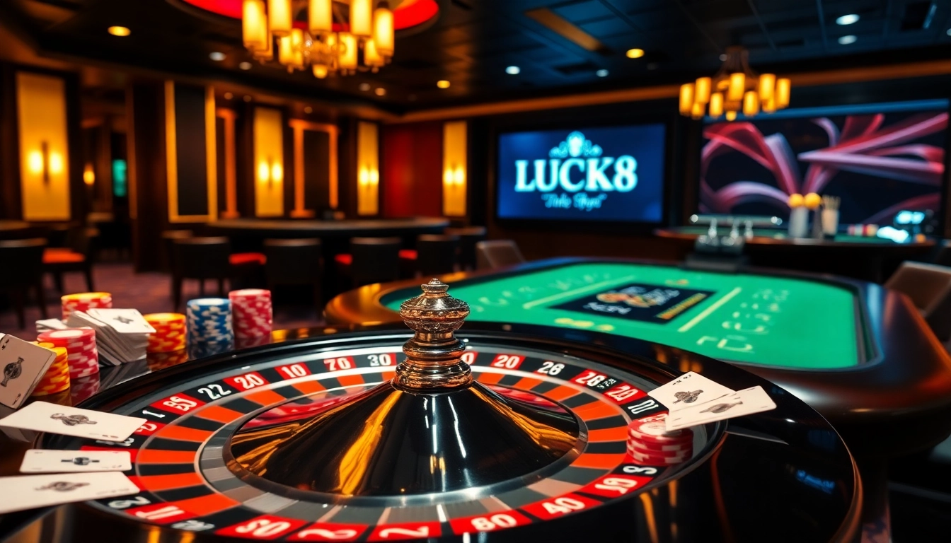 Cảnh sòng bạc đầy sống động với logo LUCK8, bánh xe roulette, chip cược và bài được chiếu sáng rực rỡ.