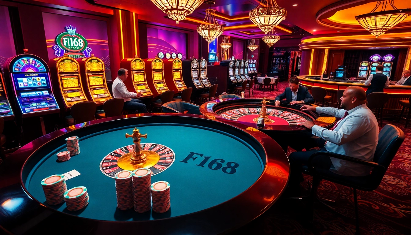 Experience the F168 thrill at a vibrant casino scene filled with poker chips and roulette excitement.