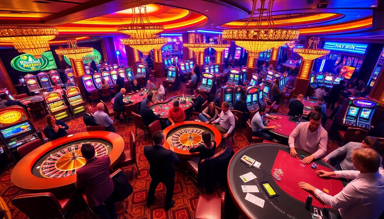 Experience high-stakes excitement at hay.win, featuring glamorous casino tables and vibrant slot machines.