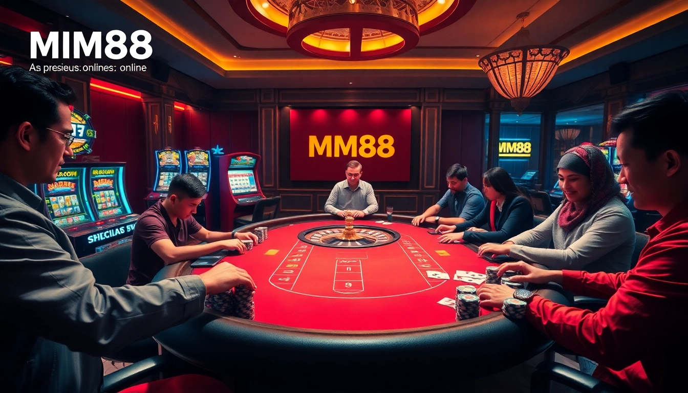 Experience high-stakes poker at mm88, featuring vibrant casino tables and engaging players.