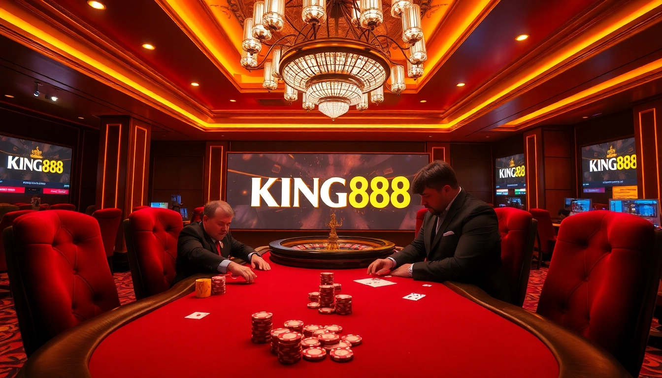 High-stakes poker action at KING88 Casino with vibrant tables and professional players.