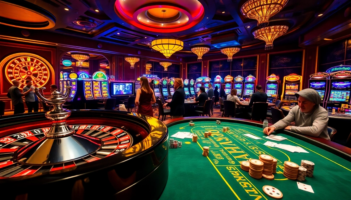 Experience the thrill of gambling at okkingok.net with vibrant casino tables and players engaging in poker.