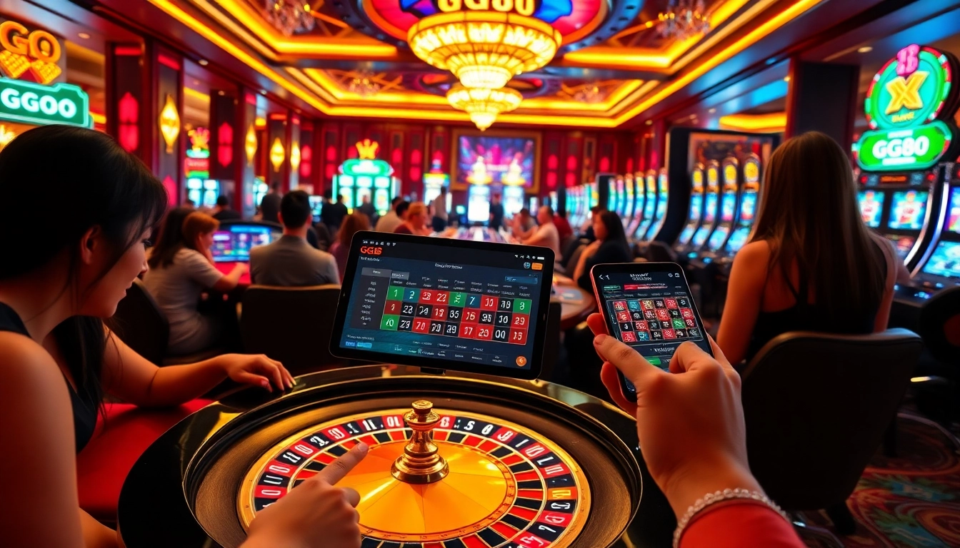 Experience the thrill of GG88 online gambling with vivid casino scenes featuring poker tables and slot machines.