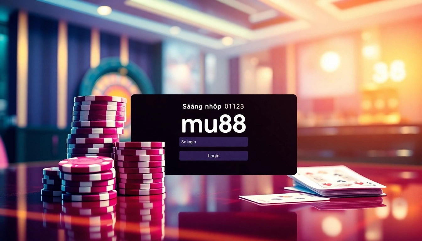 Engage with the đăng nhập mu88 interface alongside vibrant casino elements like poker chips and roulette wheels.