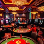 Players enjoying a lively game at EE88 casino tables surrounded by vibrant slot machines.