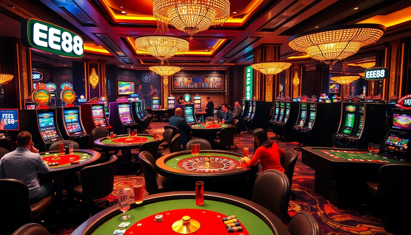 Players enjoying a lively game at EE88 casino tables surrounded by vibrant slot machines.
