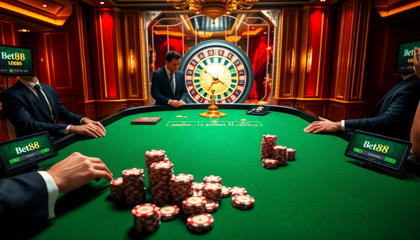 Experience the thrill of betting at Bet88's luxurious casino, featuring a sophisticated gaming table and vibrant poker chips.