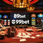 Players enjoy high-stakes poker at 89bet, surrounded by vibrant slot machines and a roulette wheel.