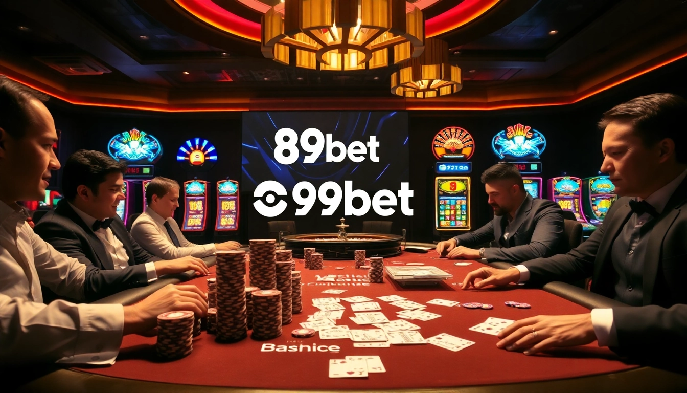 Players enjoy high-stakes poker at 89bet, surrounded by vibrant slot machines and a roulette wheel.