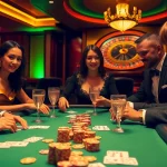 Players engaged in poker with 88i chips, showcasing excitement in a luxurious casino setting.