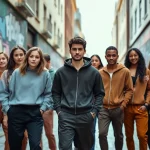 Stylish urban scene of diverse young adults in Essentials Tracksuits showcasing comfort and modern streetwear.