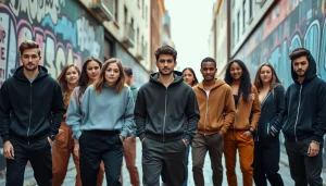 Stylish urban scene of diverse young adults in Essentials Tracksuits showcasing comfort and modern streetwear.