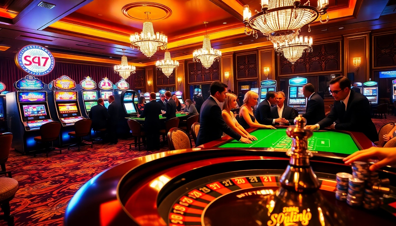 SODO casino scene with lively poker and roulette action, highlighting luxury and excitement.
