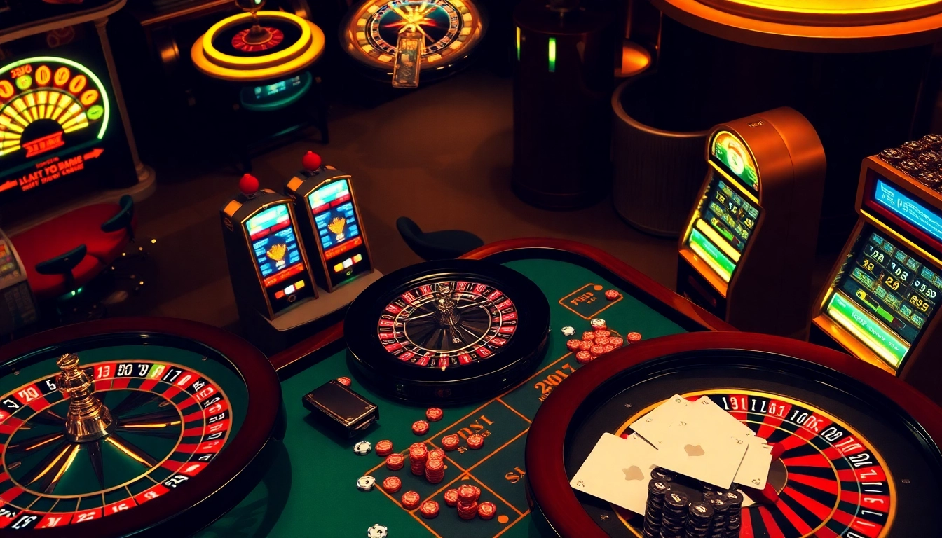 Players enjoying games at 23Win nhà cái cá cược uy tín nhất châu Á with vibrant roulette wheels and poker chips.