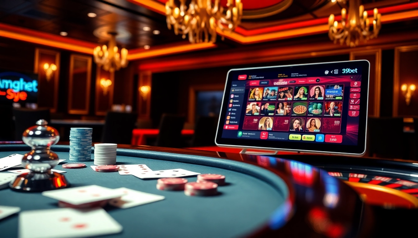 Exciting 39bet virtual casino table with poker chips and roulette wheel.