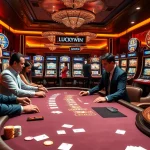 Exciting poker scene showcasing LUCKYWIN casino with players and dealers in action.