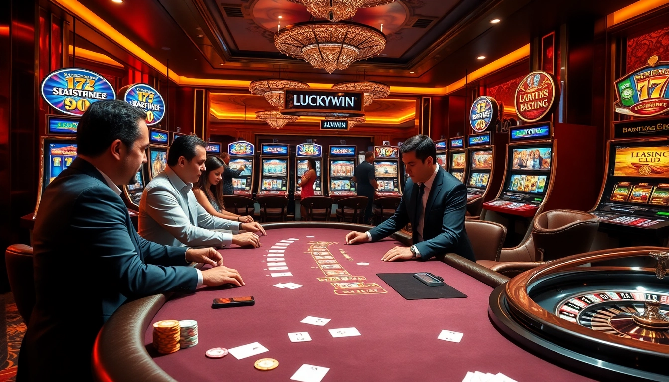Exciting poker scene showcasing LUCKYWIN casino with players and dealers in action.